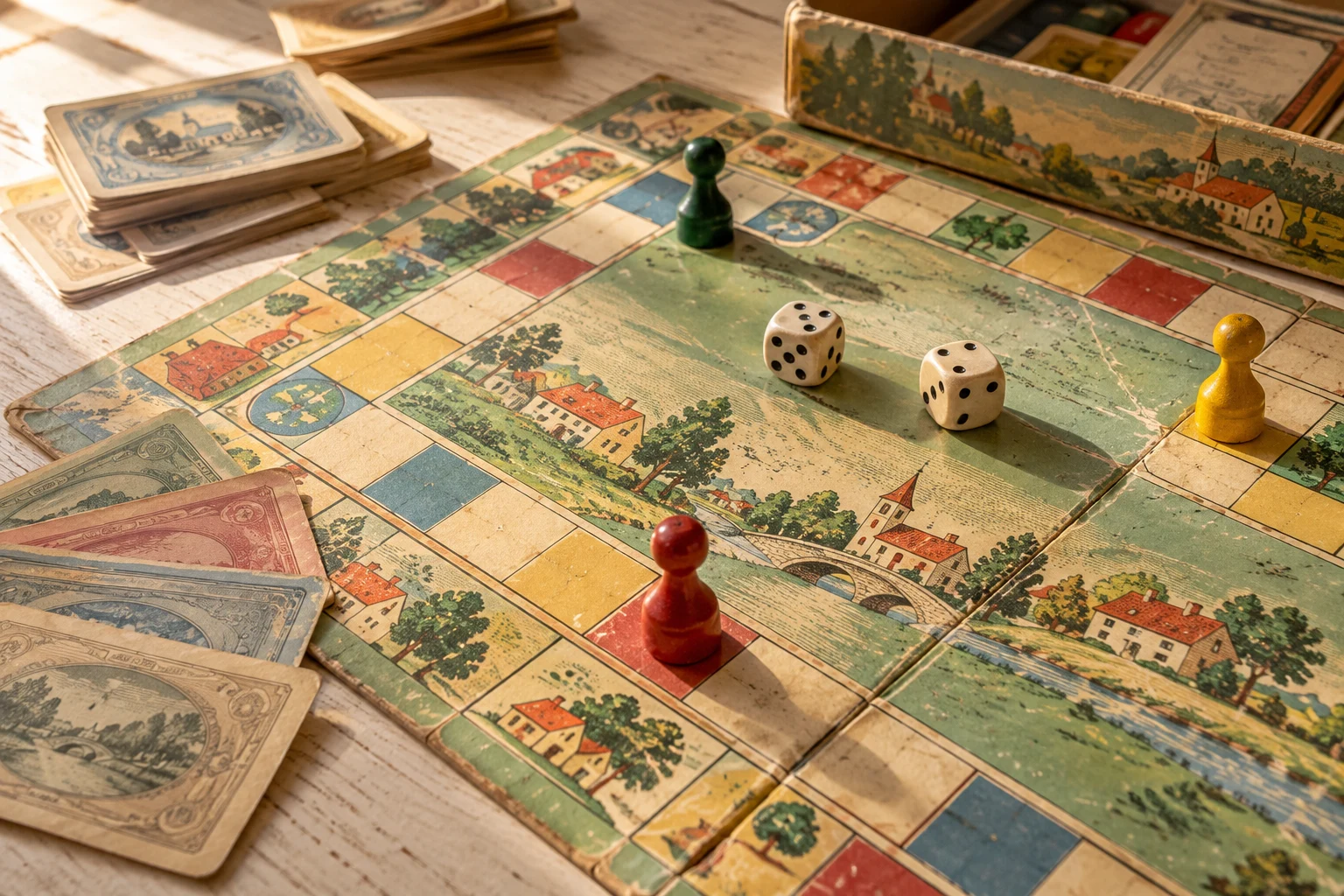 Retro társasjátékot idéző asztali csendélet – AI-hangulatillusztráció